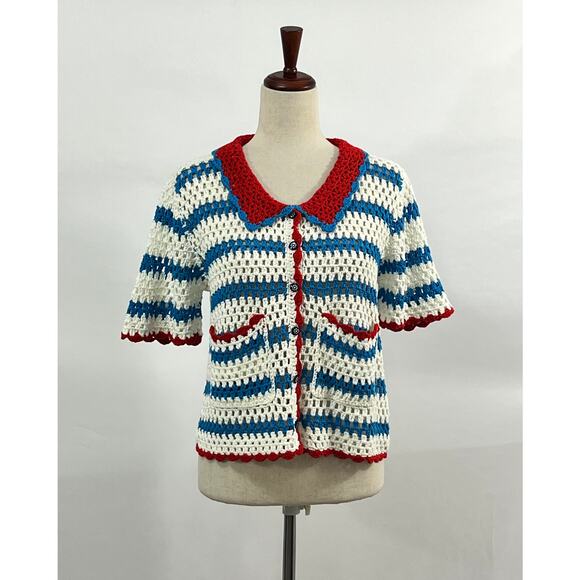 HUNTER BELL Sz L Large Kate Top Crochet Sweater Cardigan Short Sleeve - Picture 10 of 12